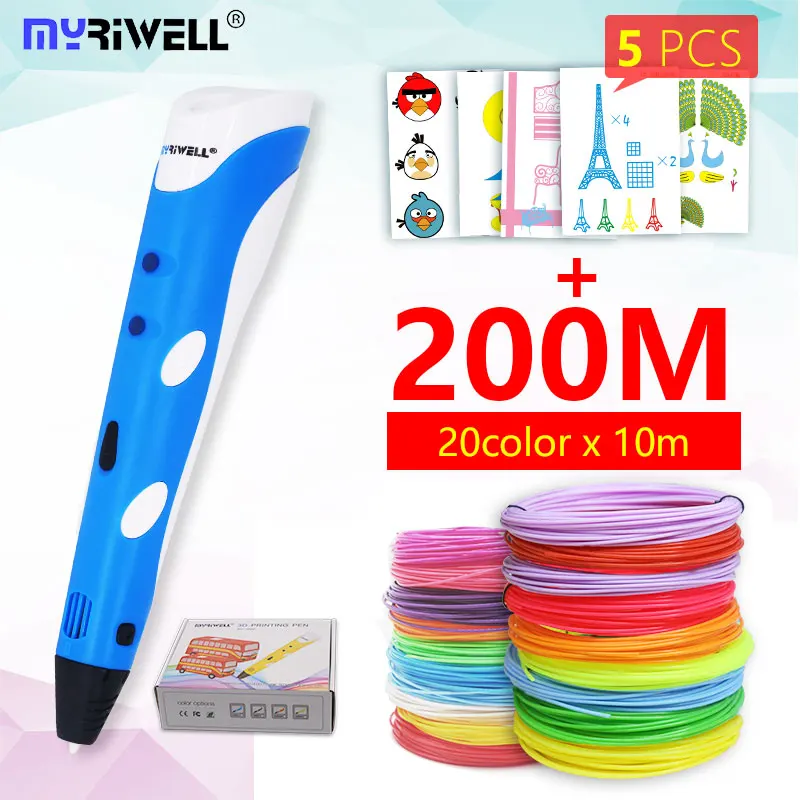 Myriwell, 3D Ручка, 3d ручка, RP-100A, pla, 1,75 мм, abs нить, 3d печать, ручка, 3 d ручка, инструмент для рисования, для детей, подарок на день рождения - Цвет: Blue and abs200