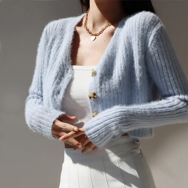 

Women V Neck Fuzzy Ribbed Knit Cardigan Cropped Fluffy Cardigan In Rib Y144