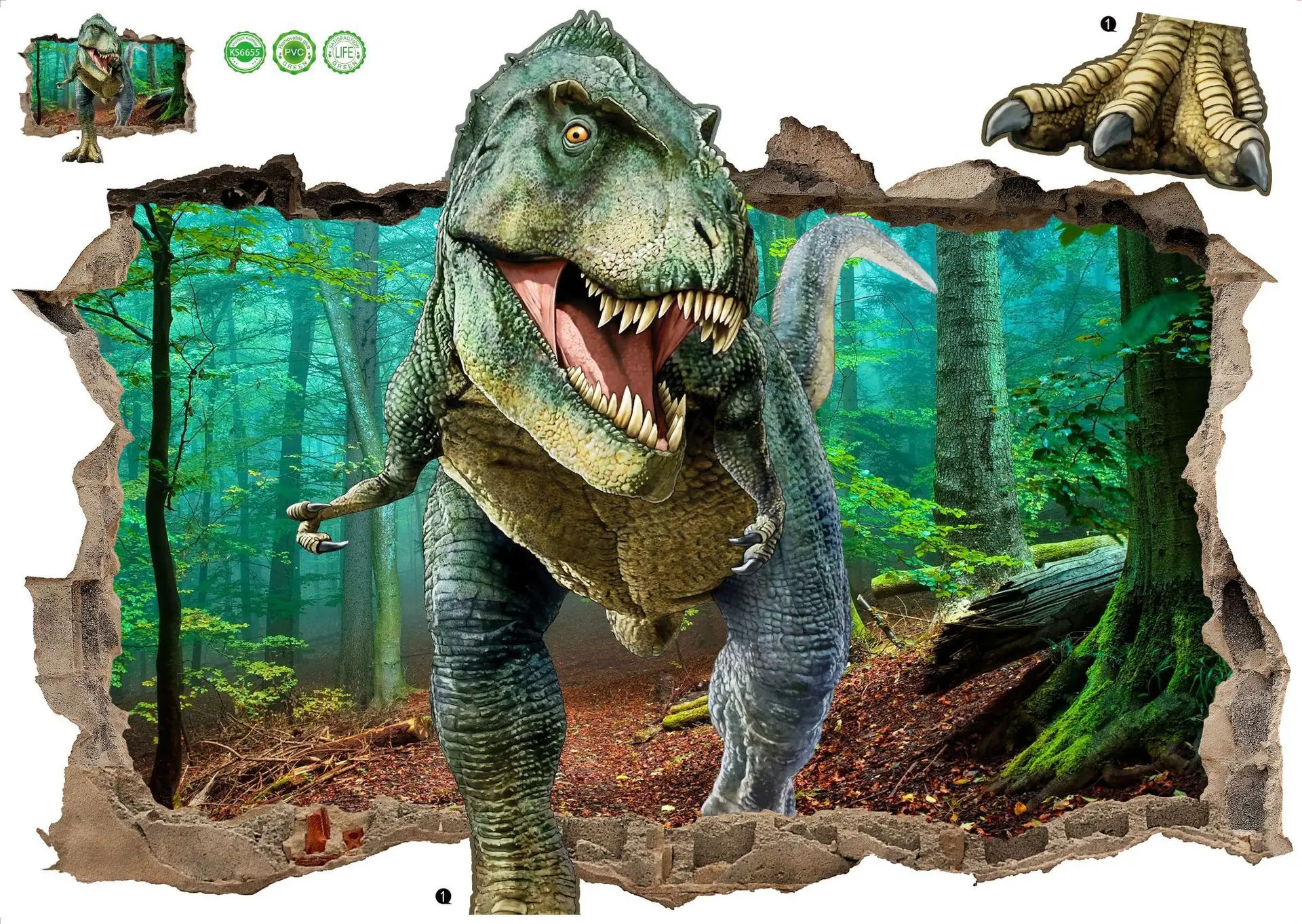 

3D broken wall dinosaur wall stickers bedroom living room children's room environmental protection removable decorative painting
