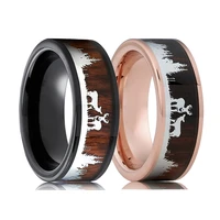 8mm black stainless steel ring for men women koa koa wood inlay deer stag hunting silhouette ring wedding band jewelry fo man
