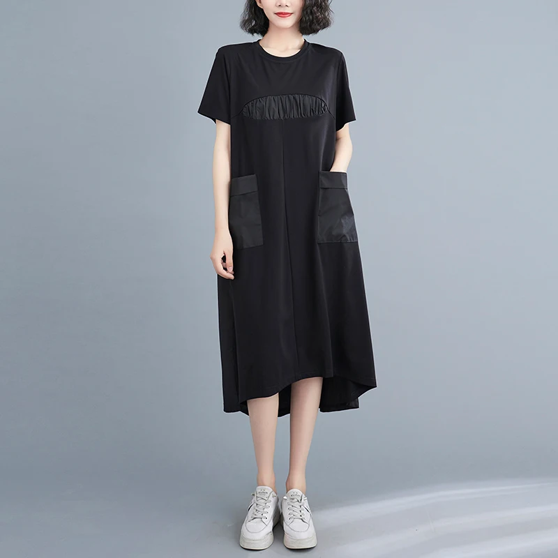 

Женское длинное платье с круглым вырезом, повседневное свободное платье составного кроя с карманами, модель X03 на лето, 2021