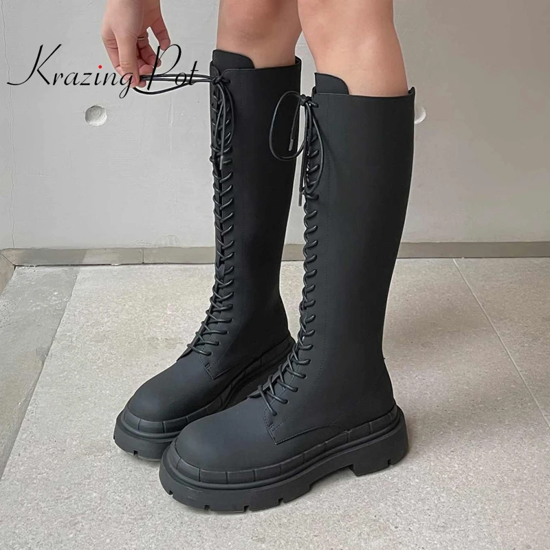 

krazing pot hot cow split leather round toe thick bottom Motorcycle boots handsome Korean girls cross-tied thigh high boots L66
