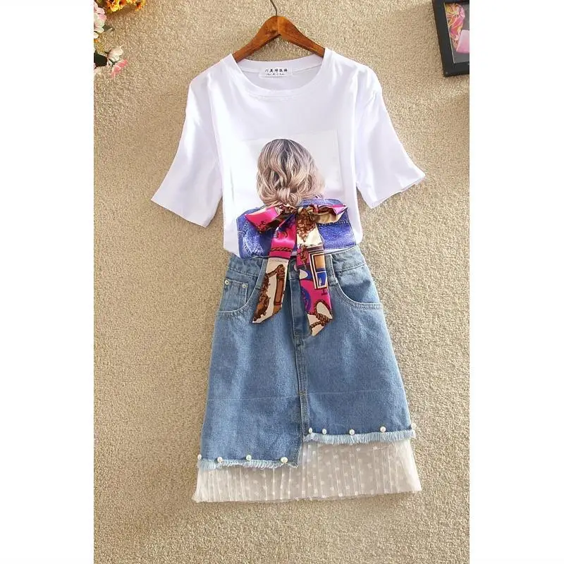 

Summer Sets Elegant Ladies Short Sleeve T-shirt + Denim Skirt Suits Print Tops and Lace Hem Jean Skirt Women 2 Piece Sets Q420