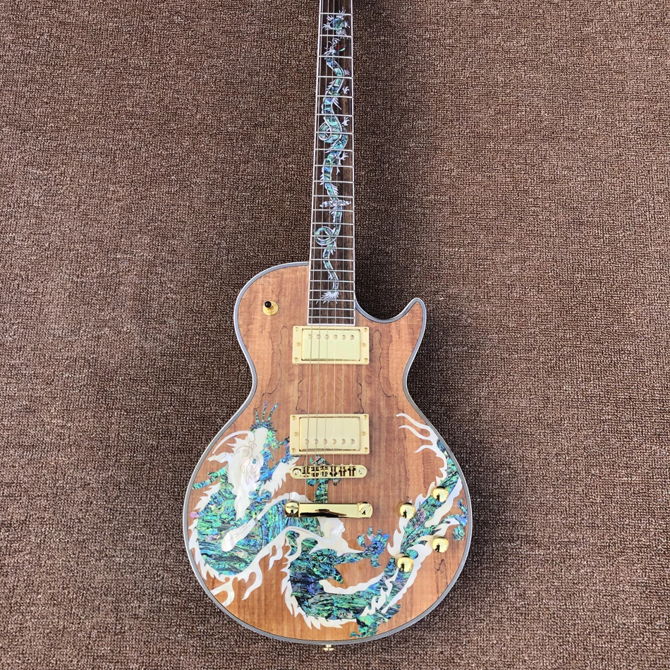 

Electric Guitar Dragon Inlay Fingerboard Quilted Decaying Wood Gold Hardware Free Shipping