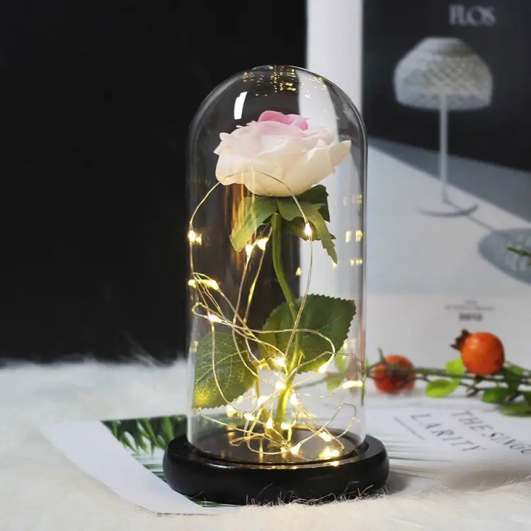 White Pink Светодиодный светильник «Красавица и Чудовище» с розами, Рождественский деревянный купол, стеклянная крыша, подарок на день Святого Валентина, подарки на день матери - Цвет: White Pink