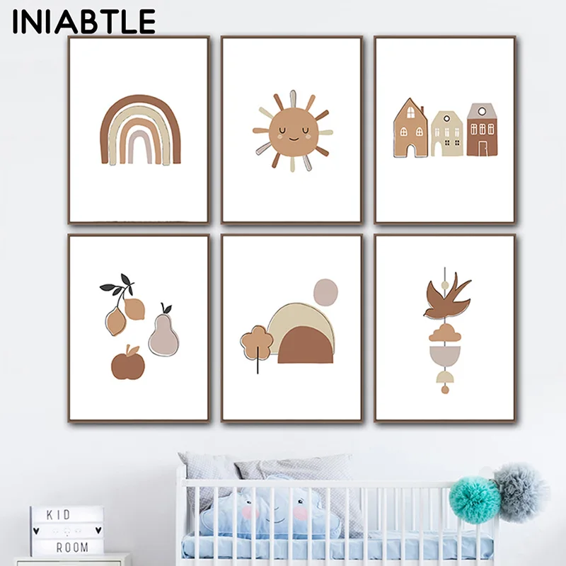 

Cartoon Sun Rainbow Posters House Mountain Prints Nursery Wall Art Canvas Painting Children Picture Nordic Kids Baby Room Decor