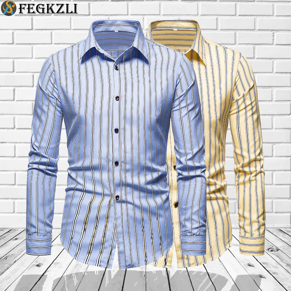 

FEG Men's Casual Shirts Long Sleeve Colorful Stripe Shirts Spring Stripe Button Up Business Shirts