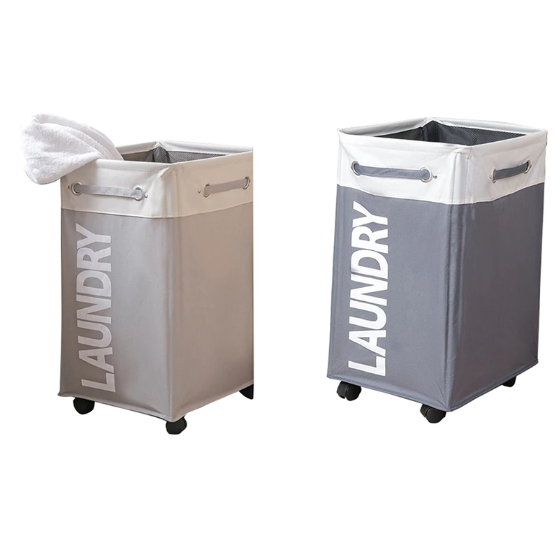 

Promotion! 2 Pcs Dirty Clothes Laundry Basket Foldable Storage Basket with Wheel Gray & White & Light Light Gray & White
