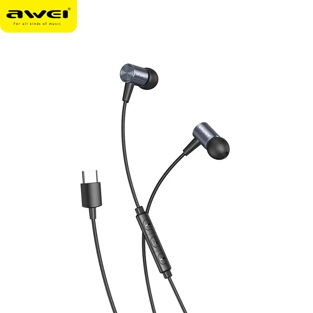 Gray AWEI TC-2 Бас Звук наушники в ухо спортивные наушники с микрофоном гарнитура для Xiaomi huawei type-C Телефон - Цвет: Gray