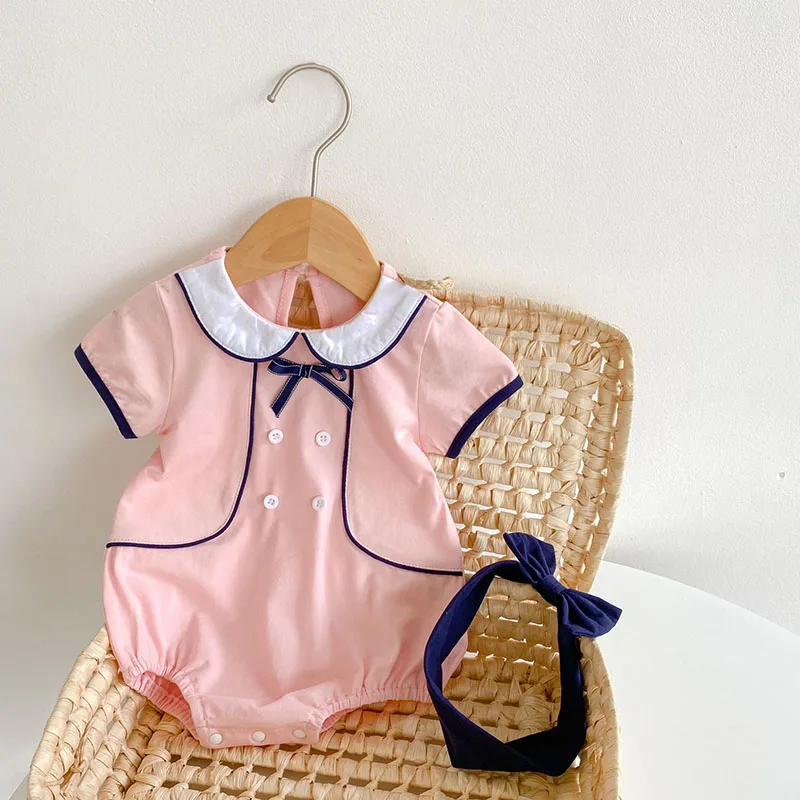 

2021 летняя новая детская одежда HAYANA, боди с воротником Питера Пэна, хлопковые наряды для новорожденных, одежда для маленьких девочек с повязк...