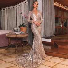 Vestidos De Noche largos De sirena plateados para mujer, ropa De fiesta De lujo con cuello De pico profundo, manga larga con lentejuelas, 2022 (4)