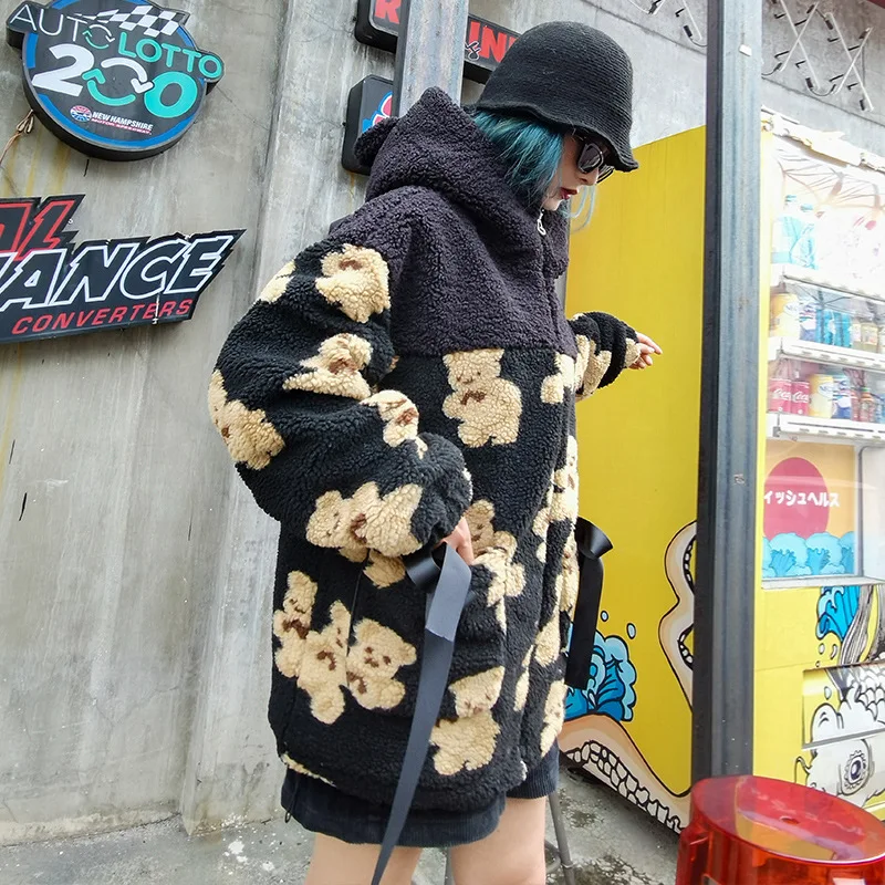 

Sweater women plus velvet lamb plush fleece coat loose hooded trendy brand ladies sweater bear ear mid-length top