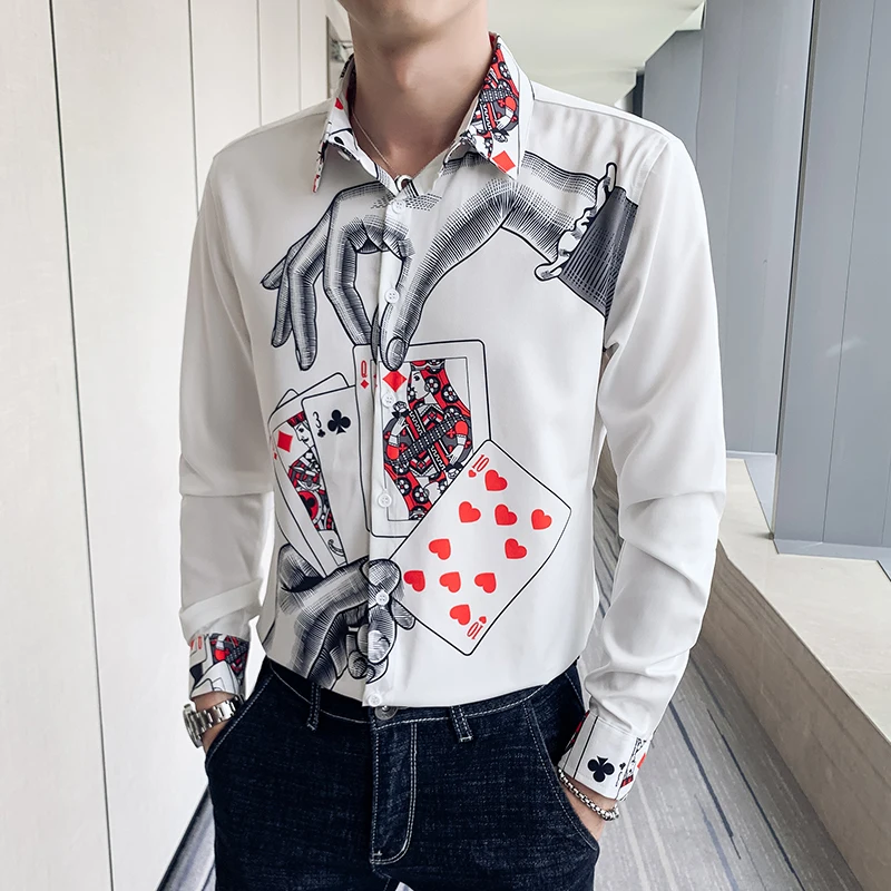 Дизайнерская мужская рубашка с принтом в виде покера Camisa Masculina Повседневная