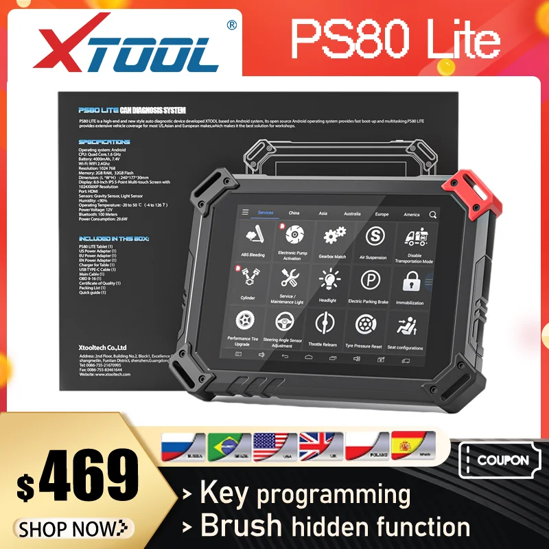 

XTOOL PS80 Lite профессиональный OBD2 Автомобильная полная система диагностические инструменты кодирование ECU бесплатное обновление онлайн DPF IMMO щ...