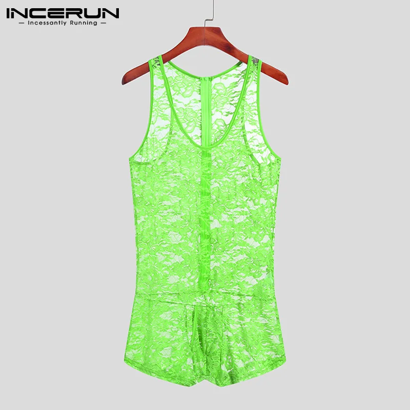 

INCERUN Comfortable Homewear Men Onesies Sleeveless Lace See-Through Jumpsuit Pajama Sexy Leisure Male Underwear Bodysuits S-5XL