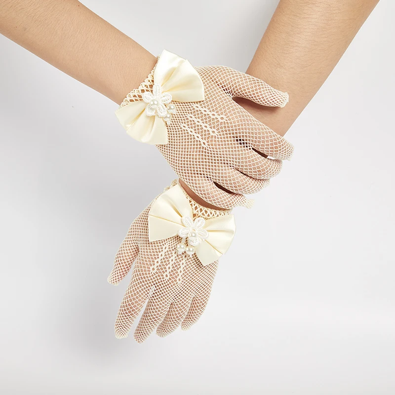 

Kids Lace Pearl Mesh Bow Gloves Girl Party Supplies Birthday Ceremony Coronation Accessor For Gilrs Princess Gift Mittens