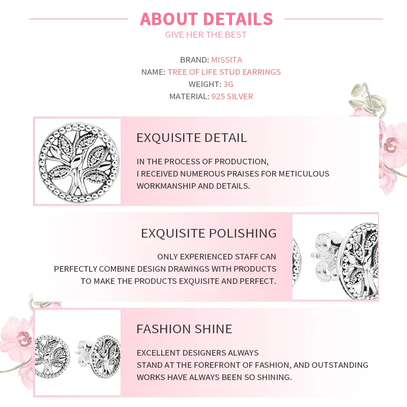 

MISSITA 2019 New Tree of Life Earrings For Women Silver Color Jewelry Brand Wedding Stud Earrings Party Gift