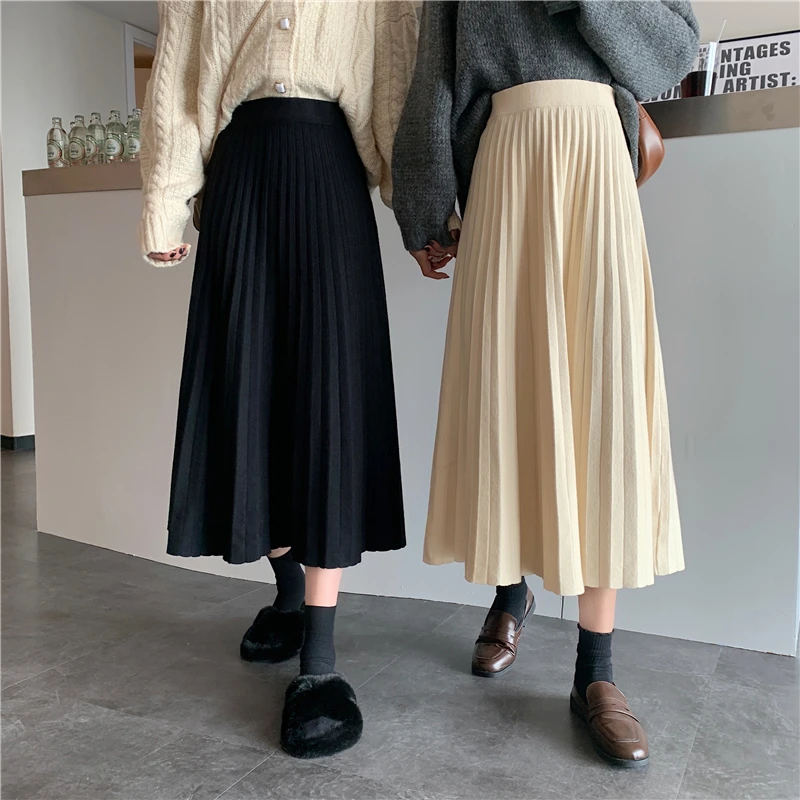 

Pleated Knitted Long Skirts Women Korean Elegant Autumn Winter A-Line Vintage Knitwear Loose Slim Elastic Waist Elegant M150