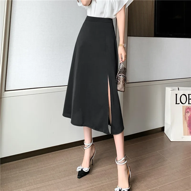 

Split Mid-length Skirt Women's Fashion Midi Skirt Young Women Simple A-line Long Skirt Office Lady Umbrella Skirts BSQ318