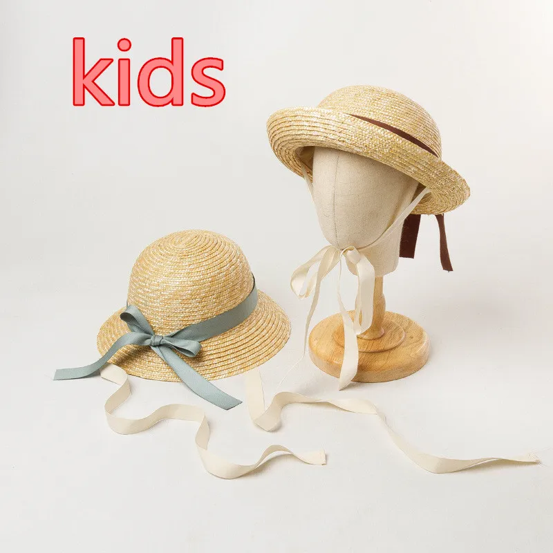 

202006-HH6035 handmade straw color ribbon British design holiday kids sun cap children girl leisure hat