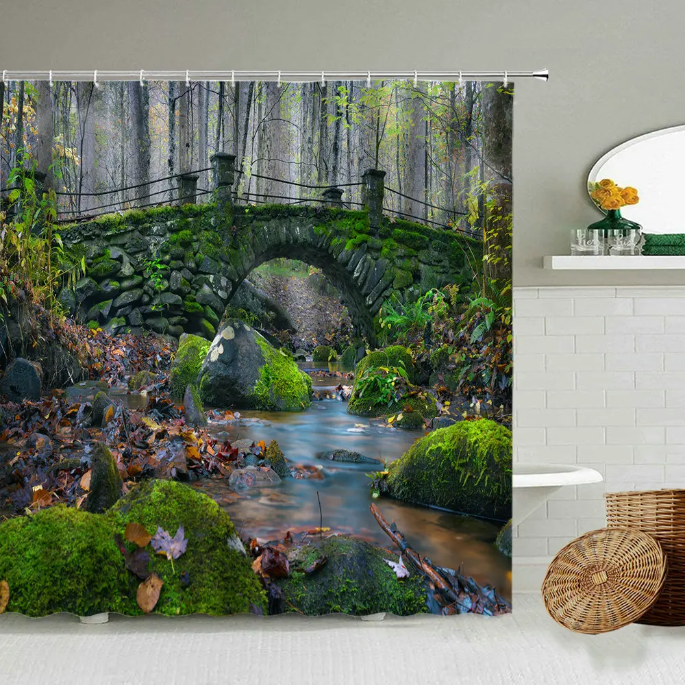 

Лесной парк, пейзаж, занавеска для душа, каменный мост, зеленое растение, дерево, озеро, природный ландшафт, фотография с крючком