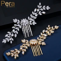 pera high quality yellow gold sparkling cz crystal big flower leaf wedding bridal hair accessories combs headpiece jewelry h023