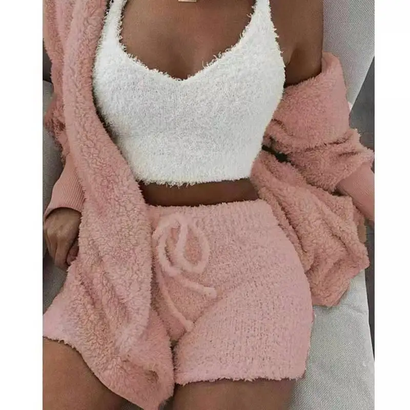 Long-sleeved plush fashion home service three-piece jacket vest shorts sports suit solid color casual wide-leg pants suit