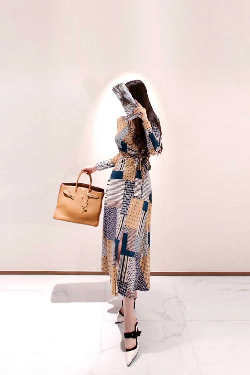 

New V-neck Print Long Dress Women Bandage Split Bodycon Dresses 2020 Autumn Geometric Casual Vestido De Festa
