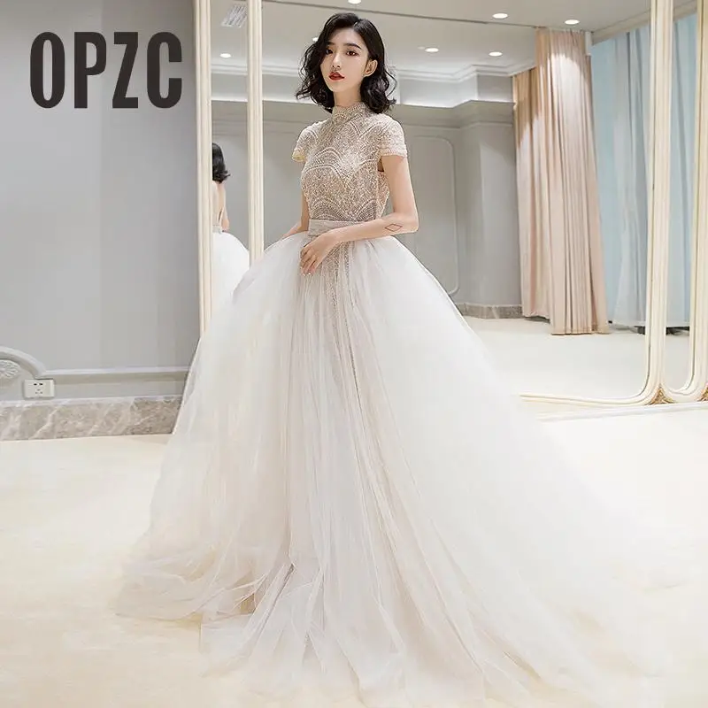 Свадебное платье со шлейфом 100 см с коротким рукавом и высоким воротом роскошное