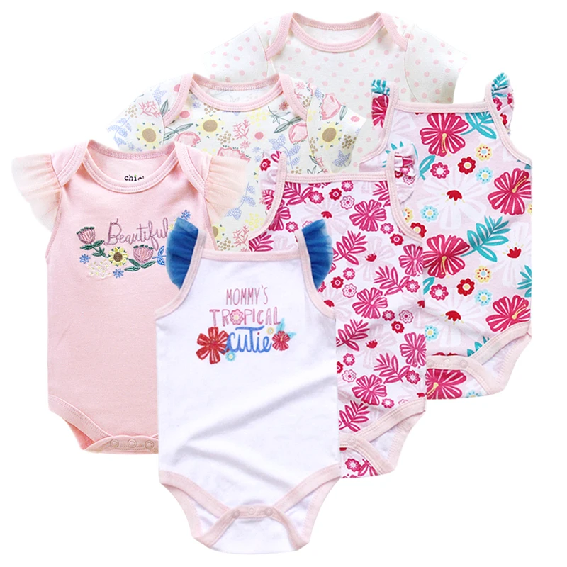 

6 Pieces Fashion Styles Girls Baby Bodysuit Summer Short Sleeve Romp Lovely Flower Printed Cotton Onesie Clothes Set