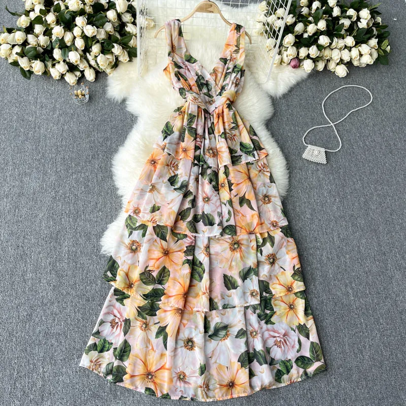 

Summer New Print Temperament Maxi Vestidos Female V-neck Waist Thinning Multi-layer Ruffled Chiffon Seaside Holiday Dress GL113