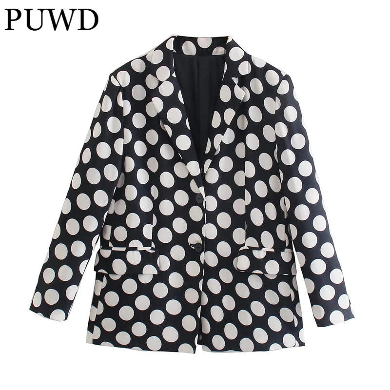 

Женский однобортный Блейзер PUWD, винтажный свободный черный пиджак в горошек, осень 2021, модная женская куртка с английским воротником, шикар...