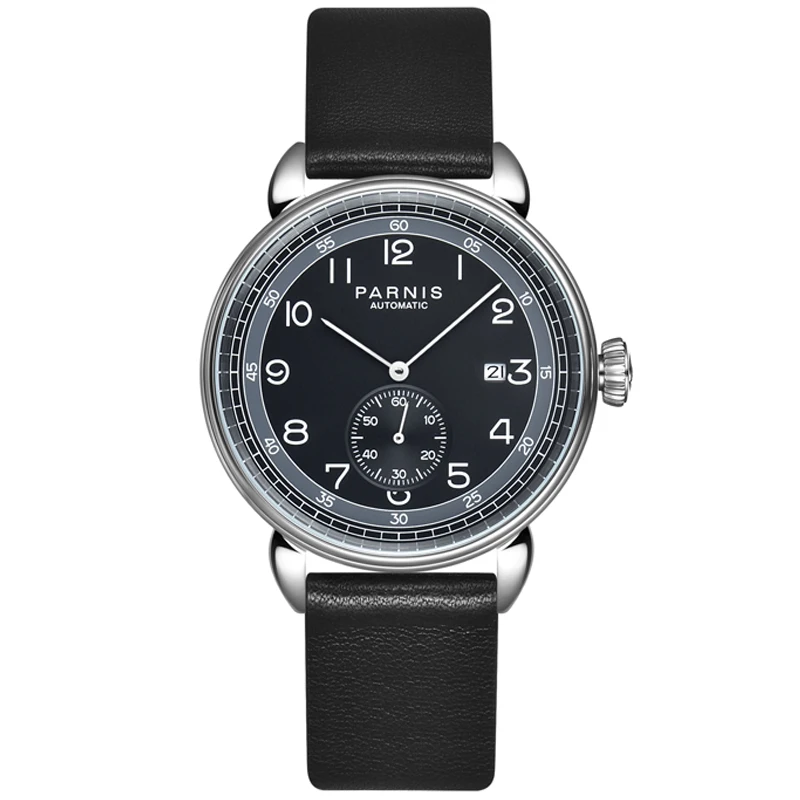 

Fashion Parnis 42mm Black Dial 1731 Movement Automatic Mechanical Mens Watch Silver Case Calendar Men Watches Leather Strap 2020