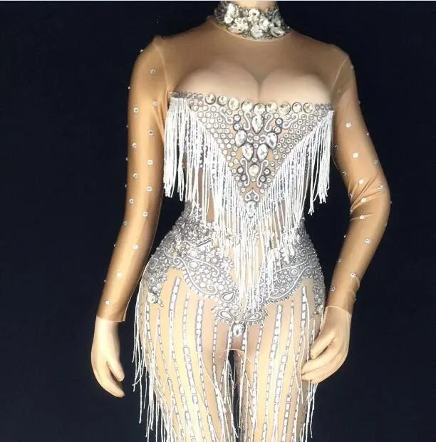 Сексуальный комбинезон с кисточками и кристаллами Женский танцевальный костюм