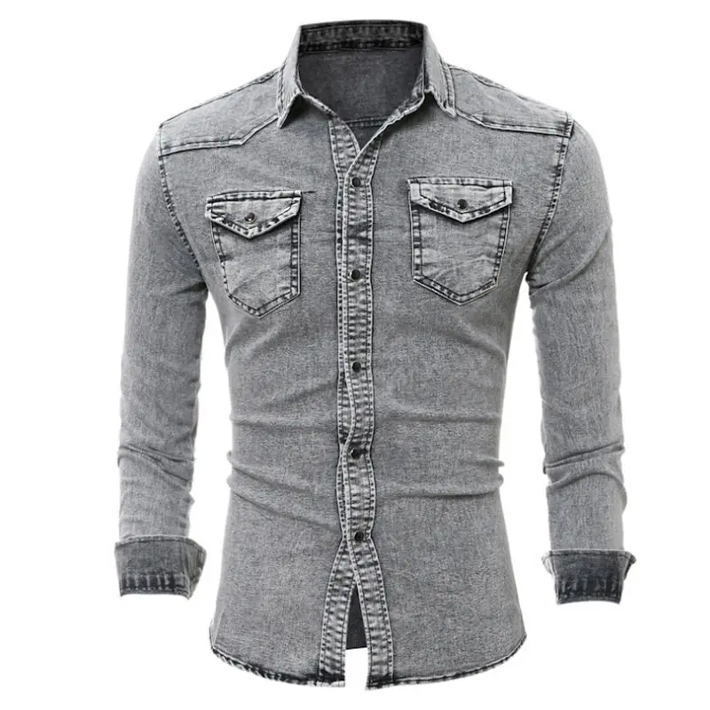 Light Grey Джинсовая рубашка мужская Облегающая джинсовая рубашка модная ковбойская стильная умная рубашка с длинным рукавом Топы - Цвет: Light Grey