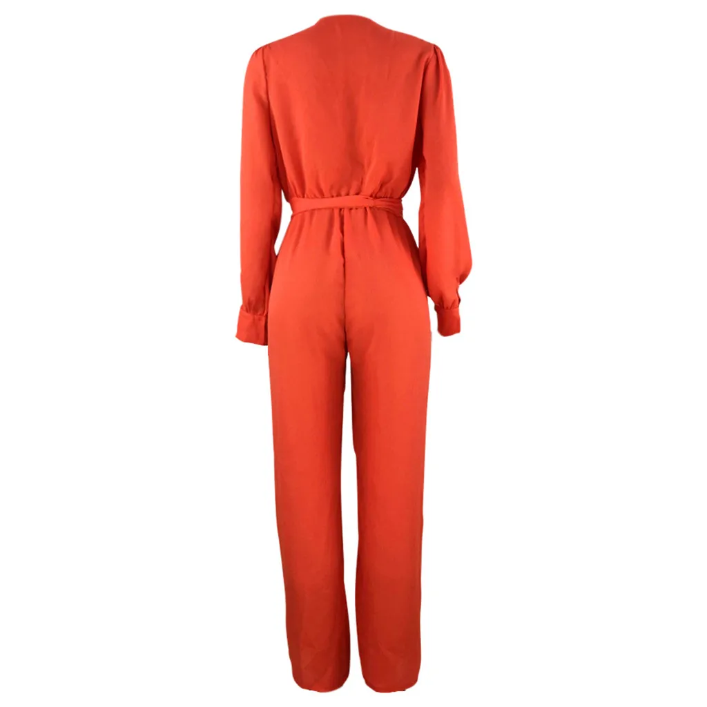 

Fashion Casual Women Jumpsuit Solid V-Neck Sash Full Sleeve Pants Loose Slim Jumpsuit combinaison short femme #D