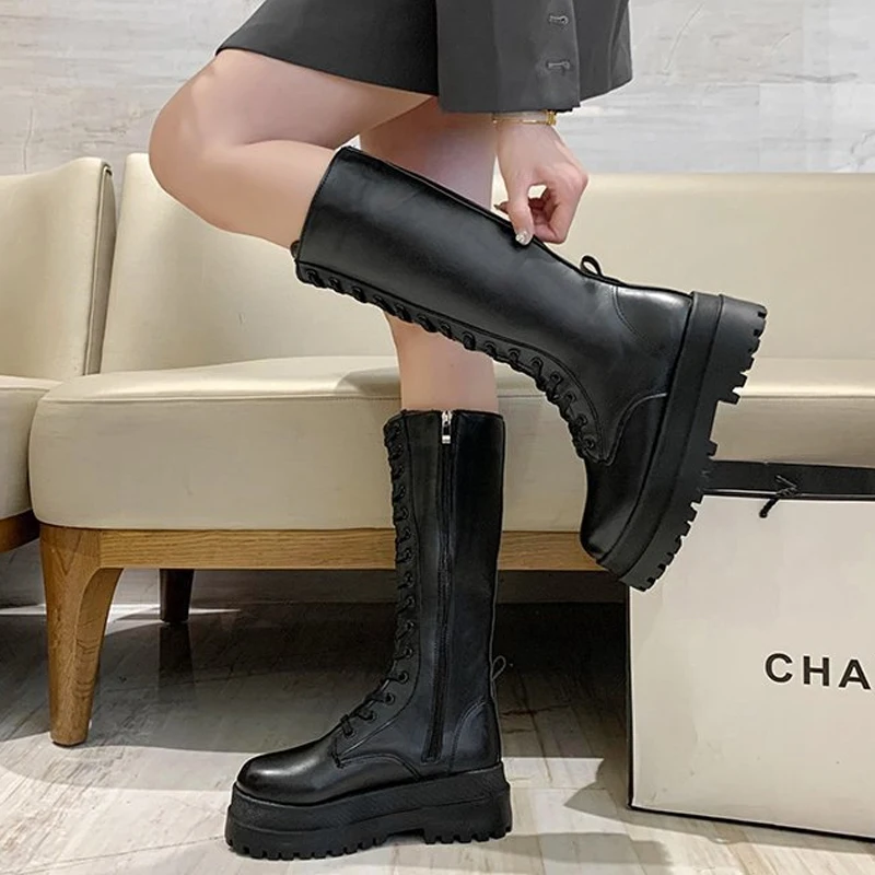 

Comfort Women Combat Boots Antumn 2021 Female High Platform Gothic Shoes Black Leather Boots Lace Up Women Knee High Boots