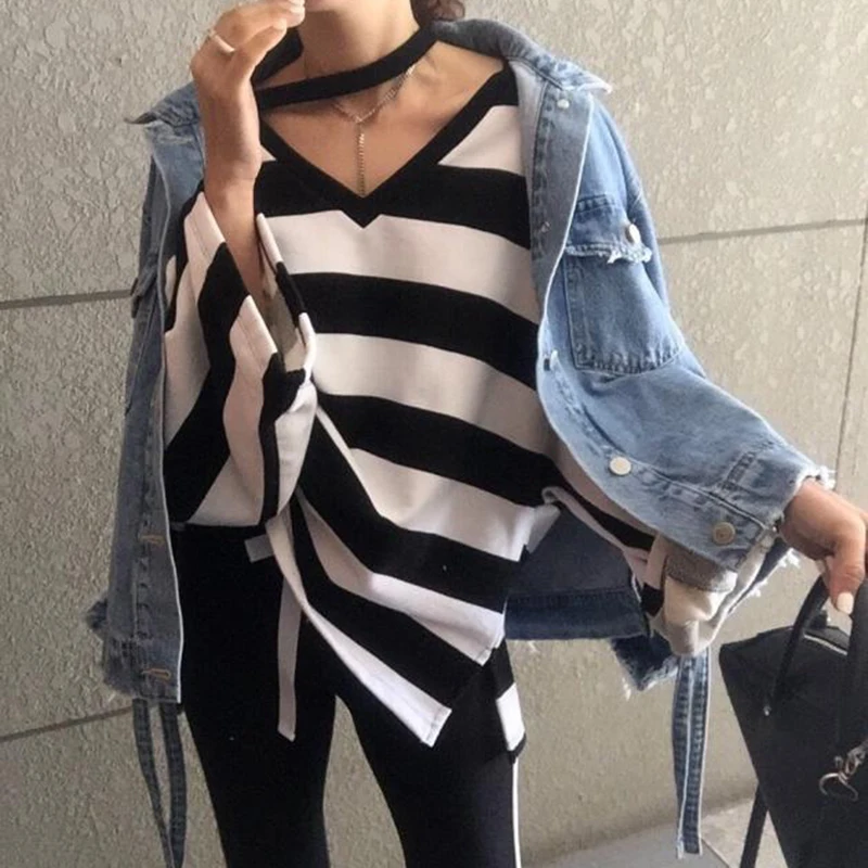 

g Long Sleeve Striped Pullover Casual Style Clothing Autumn Off Shoulder Womens Sweatshirt Loose V Neck Batwin