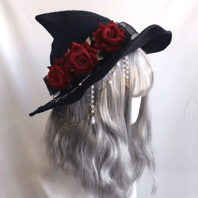 

Halloween retro Witch Hat Rose decoration Wizard Hat magic girl Cosplay props Lolita style headdress hat