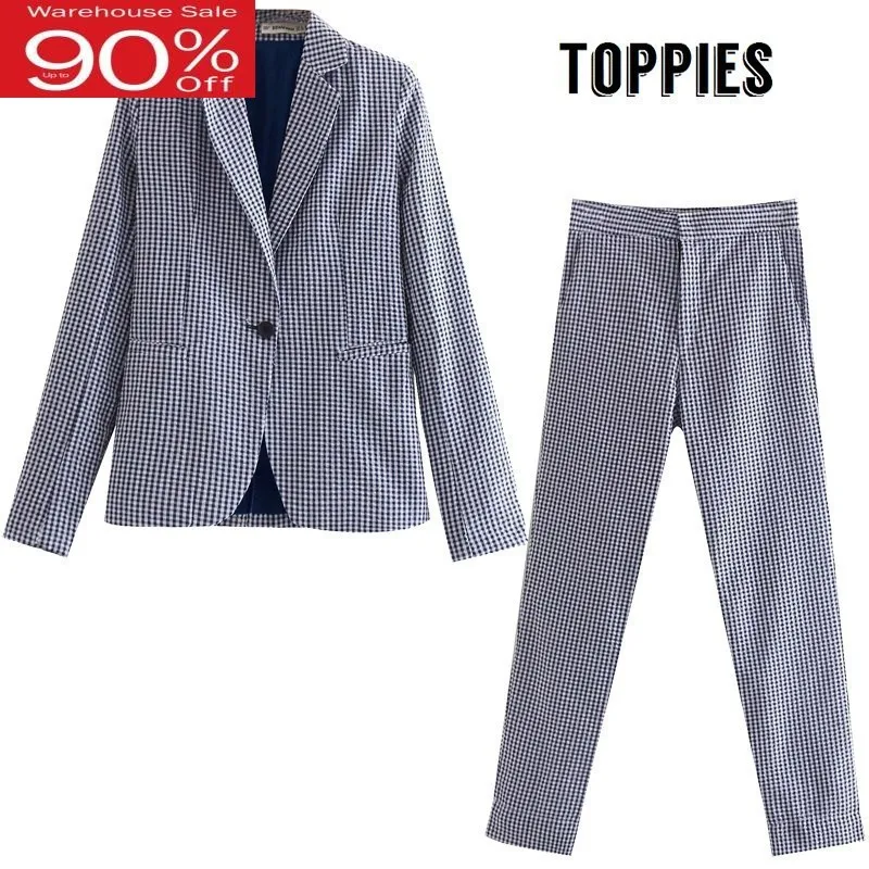 Женский деловой костюм-двойка 2020 клетчатый Блейзер на одной пуговице прямые