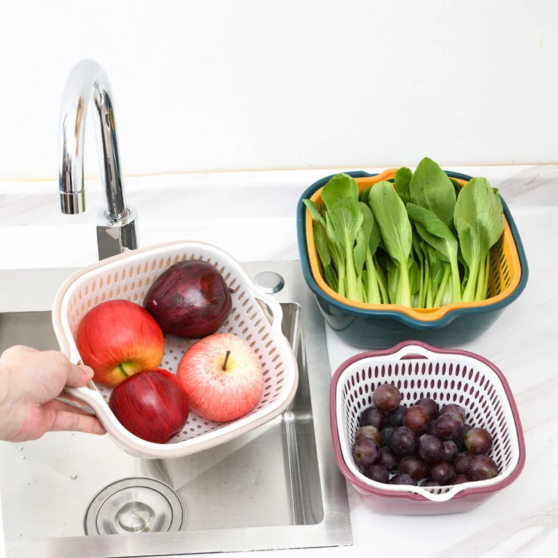 

Kitchen Colander Set Fruit Basket Dryer for Vegetables Wash Basket Double Layered Drain Basin 3 Pcs