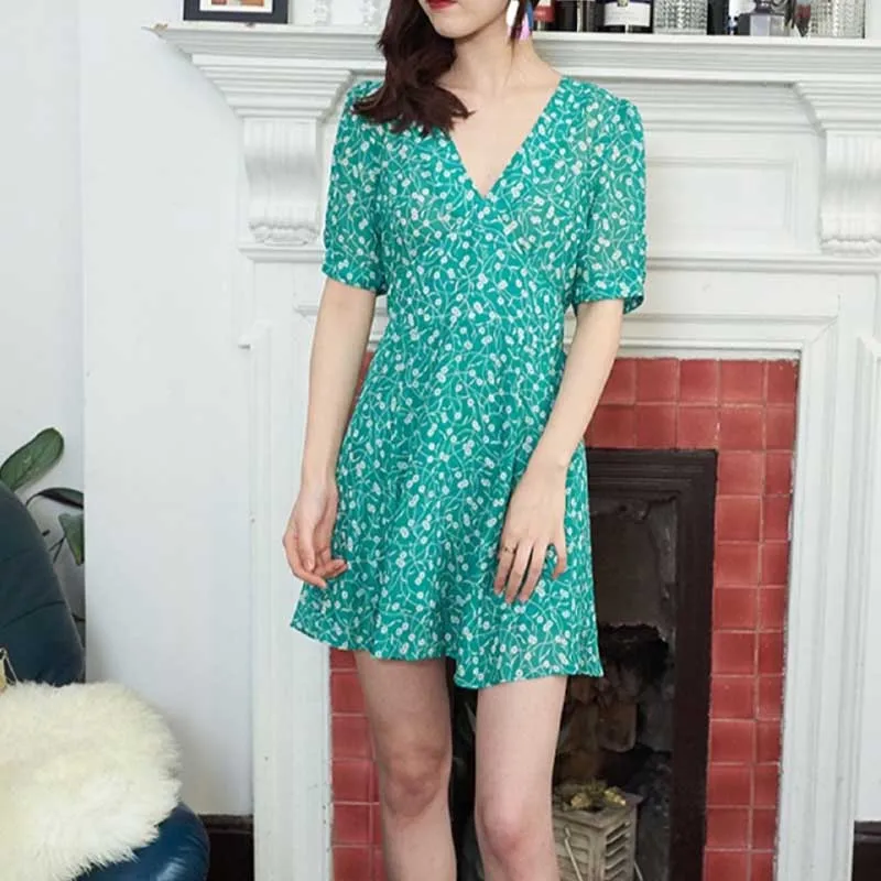 Женское мини платье с коротким рукавом и V образным вырезом|Женские платья| |