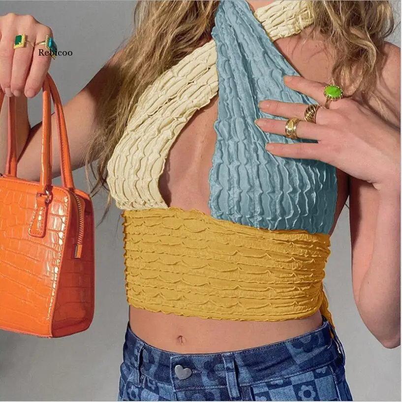 

Patchwork Hollow Out Knit Crop Top Women Halter Neck Summer Sleeveless Backless Sexy Off Shoulder Party Tank Tops