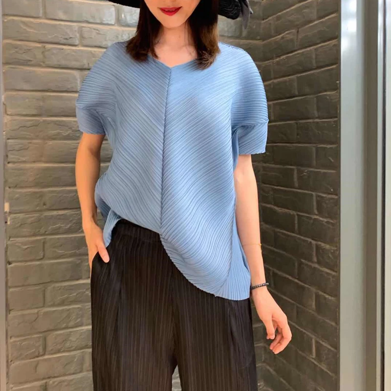 Light blue Changpleat новые женские футболки Топ Miyak плиссированный модный дизайн свободный v-образный вырез корейский стиль короткий рукав женская футболка Tide - Цвет: Light blue