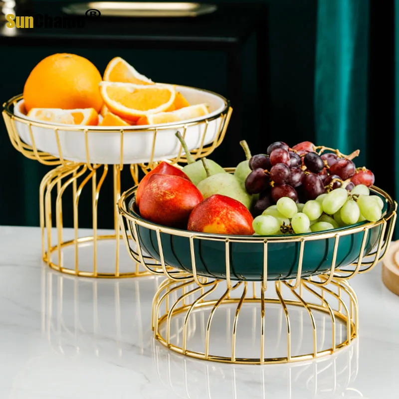 

Kitchen Ceramic Fruit Plate with Gold Iron art Holder Snack Serving Tray Bowl Party Dry Food Display Stand Fruits Candy Shelves