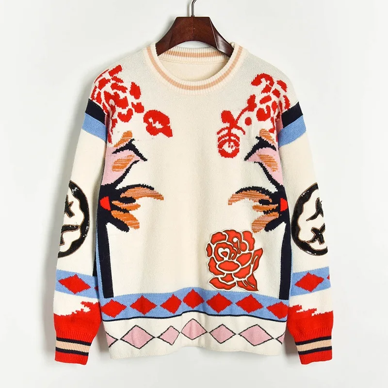 2019 Winter Wool Blend Sweater Loose Jumper Women O-neck Flower Swallow Appliques Embroidery Knitted Ladies Pullovers | Женская одежда