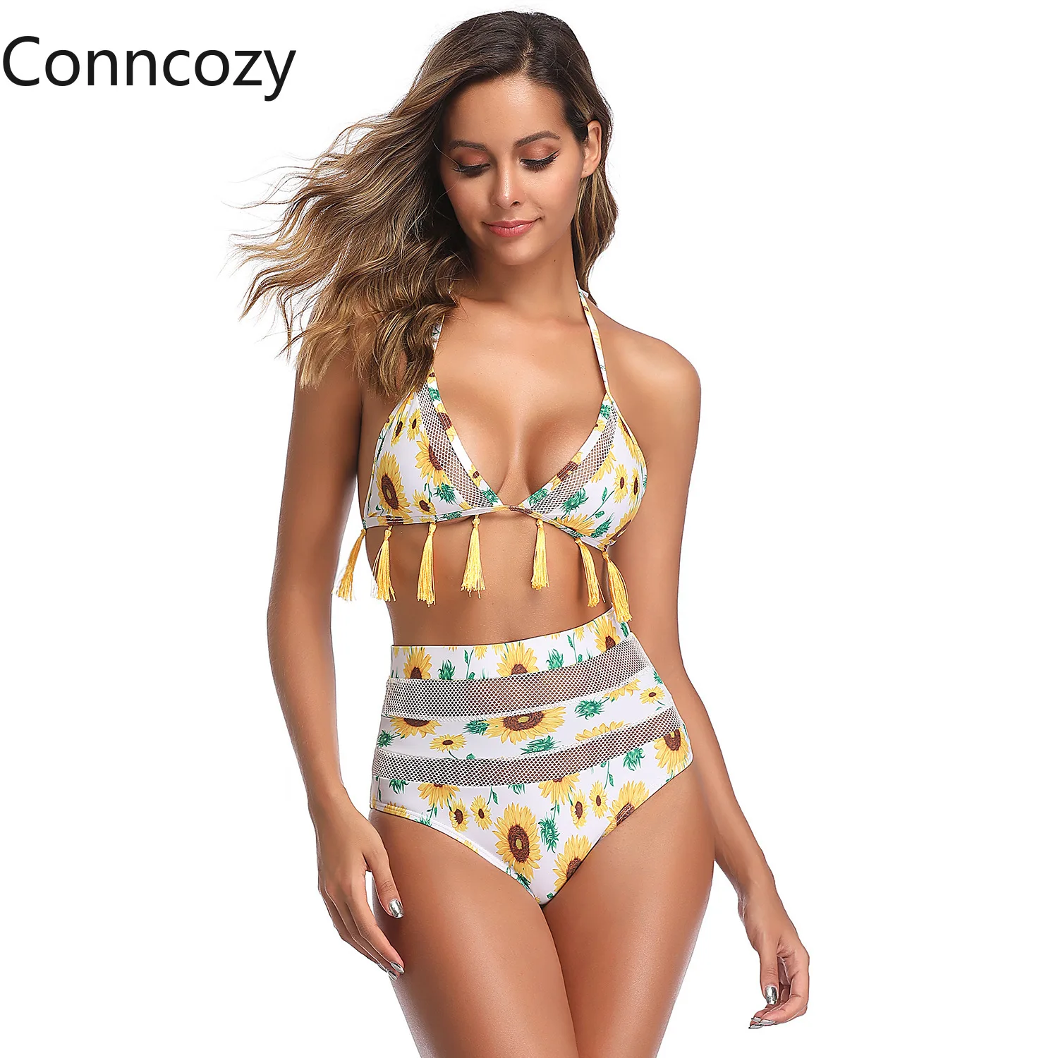 

Swimsuit Sexy Mesh High Waist Bikini Leaf Print Triangle Bag Fringed Swimwear Women Push Up Tankini Swimsuits Bathing Suit Women