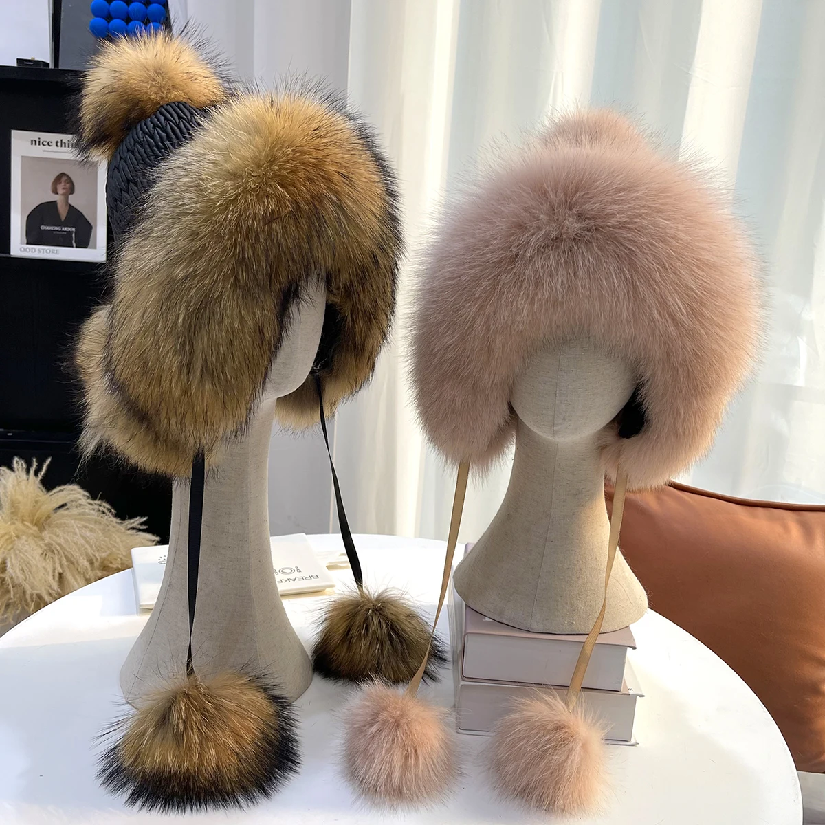 women's Warm Real Fox Fur Hat Knitted Earflap Ski Cap with Fox Fur Trimmed Pompom Ball Fashion Beanies