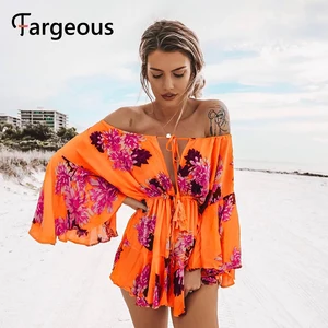 Женский пляжный короткий комбинезон в стиле бохо, с открытыми плечами, цветочным принтом и расклешенными рукавами, летний пикантный комбинезон, 2019