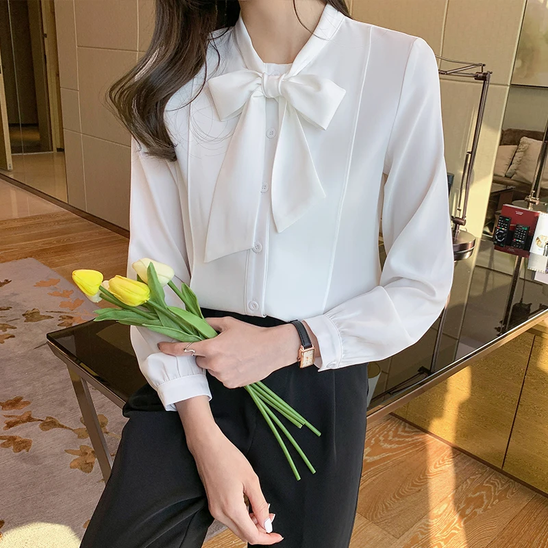 

COIGARSAM Full Sleeve Shirt Womens tops New Spring Chiffon Bow Women shirts White Blue 8355